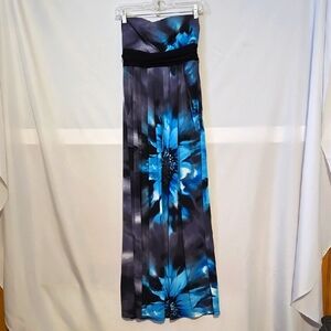 JFW, Maxi Dress, Strapless, Med, Floral Print, Black, Blue, Elastic Back, Tie
